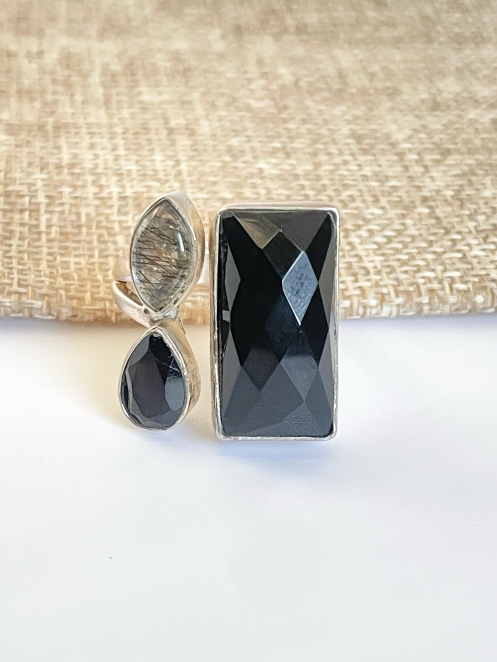 Ring Black Onyx multi stone statement Ring in 925 Sterling silver (US 9)